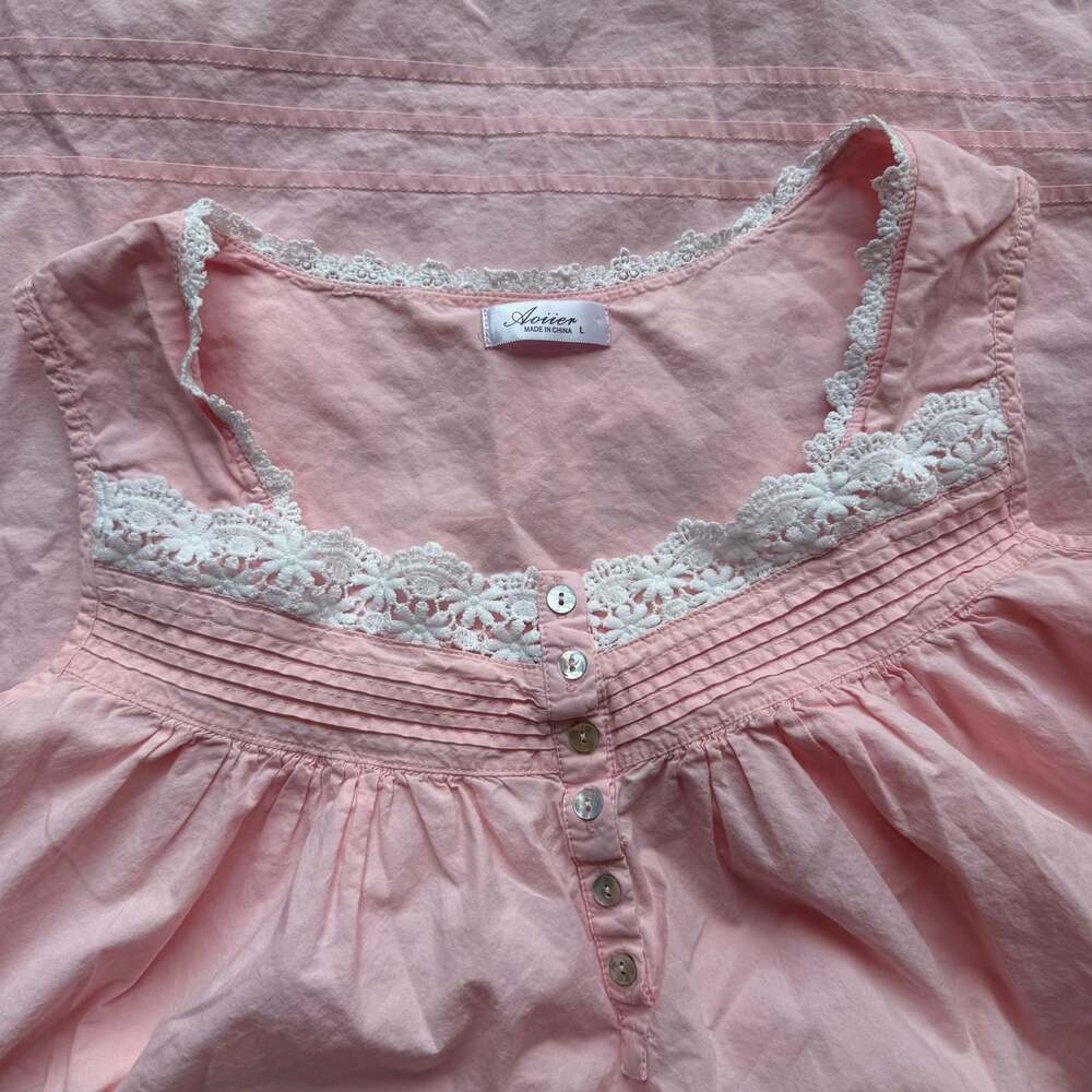 Cotton Pink Victorian Style Lace Trim Sleeveless Nightgown